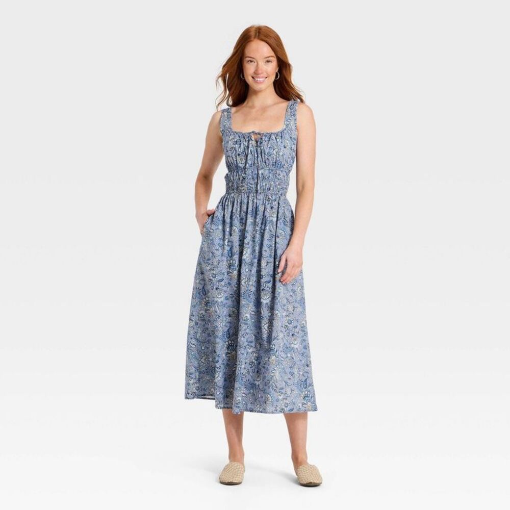 Women's Cotton Midi Pullover Sundress - Universal Thread Blue Floral XS